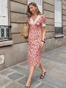 Chiquease 女士优雅花卉荷叶边领泡泡袖中长款度假连衣裙，夏季连衣裙，亮红色点缀，适合大学校园穿着 - 紅色 - 查看 4