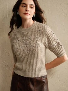 Anewsta Women's Knitted Top, Handmade Fashion 3D Crochet Design Slim Fit Short Sweater