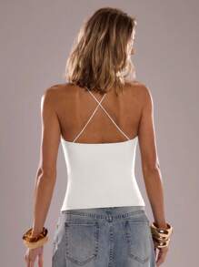 SHEIN BAE 棕色串珠细肩带女士吊带背心，适合春夏穿着，修身复古性感露脐上衣，适合海滩、夏季穿着，串珠装饰。 - 白色 - 查看 2