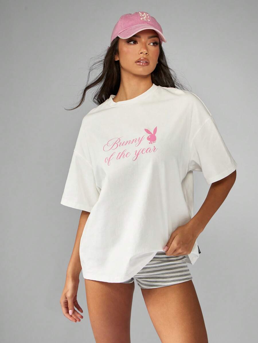 Missguided x Playboy Camiseta holgada con estampado gráfico de conejo del año, de algodón, cómoda y casual, para usar en primavera y verano, prenda básica, ropa de estar por casa, camiseta con mensaje, moda urbana