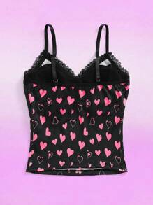 少女心形印花蕾丝边吊带背心
