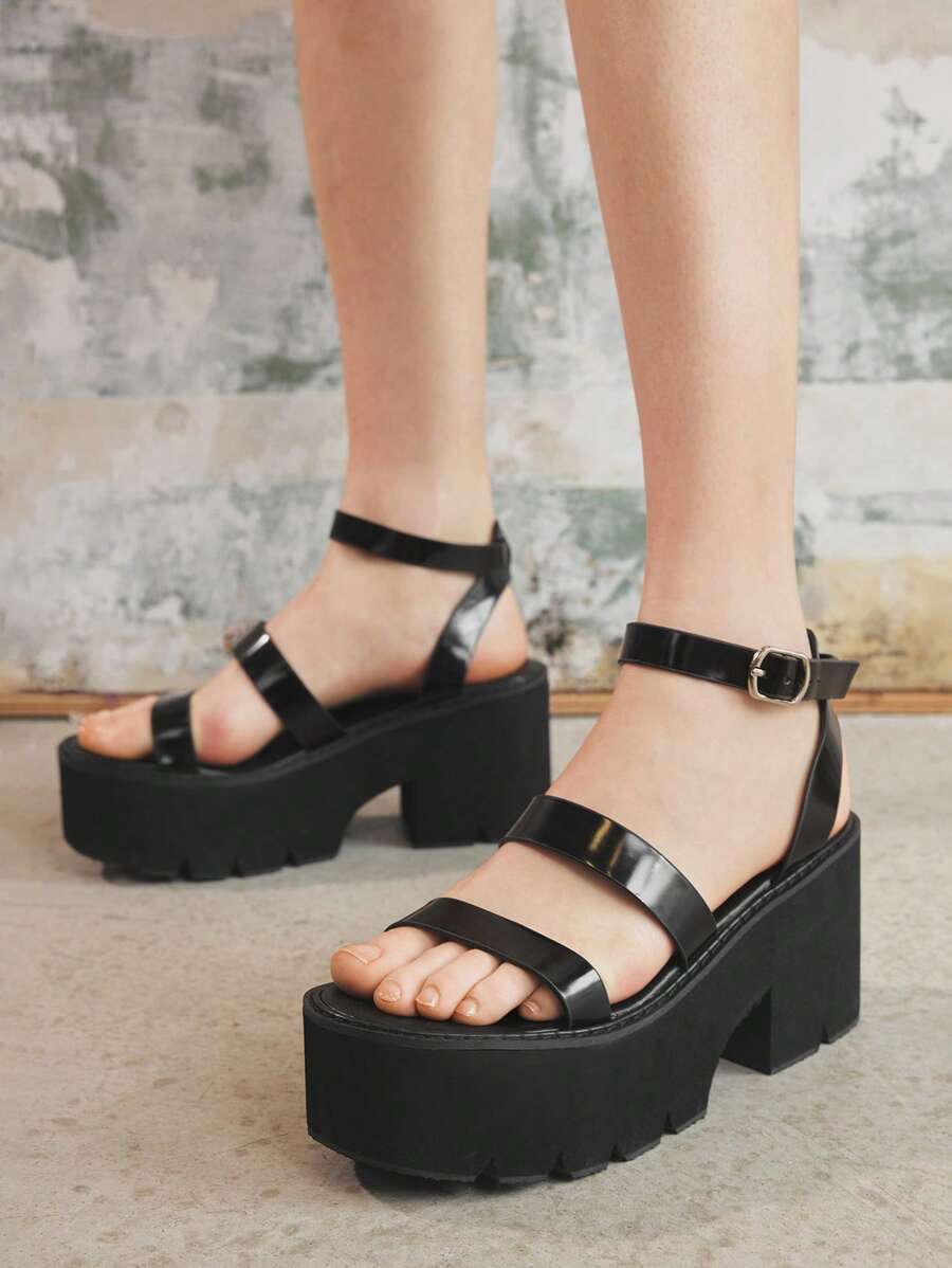 Sugerpunk Women's Platform Round Toe Thick Bottom Punk Style Fashion Sandals - Black - View 1