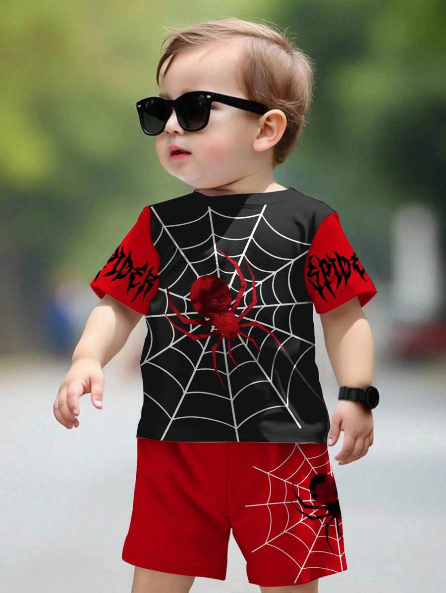 SHEIN 两件套男婴休闲简约卡通蜘蛛图案短袖T恤和短裤套装，适合夏季穿着 - 彩色 - 查看 1