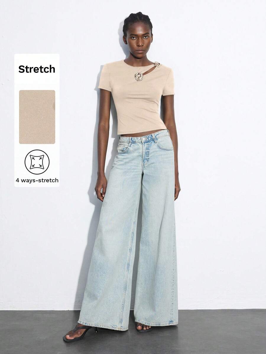 Maija Damen-T-Shirt mit 3D-Blumendekor und ausgehöhlten kurzen Ärmeln, modisch und vielseitig für den Sommer