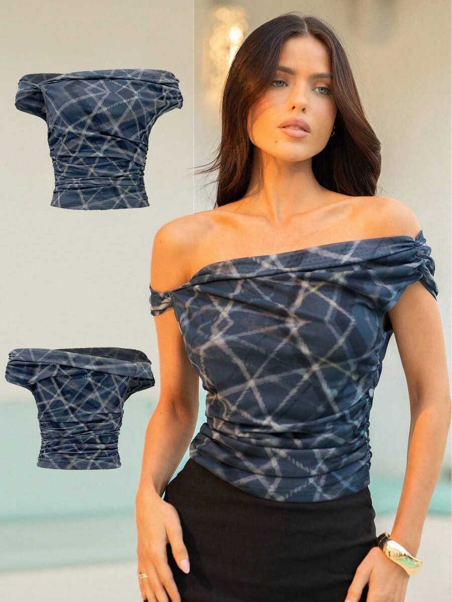 Roylia Designer Style Off Shoulder Geometric Pattern Slim Fit Asymmetrical Hem T-Shirt For Women - Multicolor - View 1