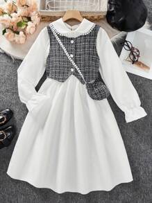 SHEIN 2件套女孩格子背心可拆卸领子连衣裙 - 白色 - 查看 2