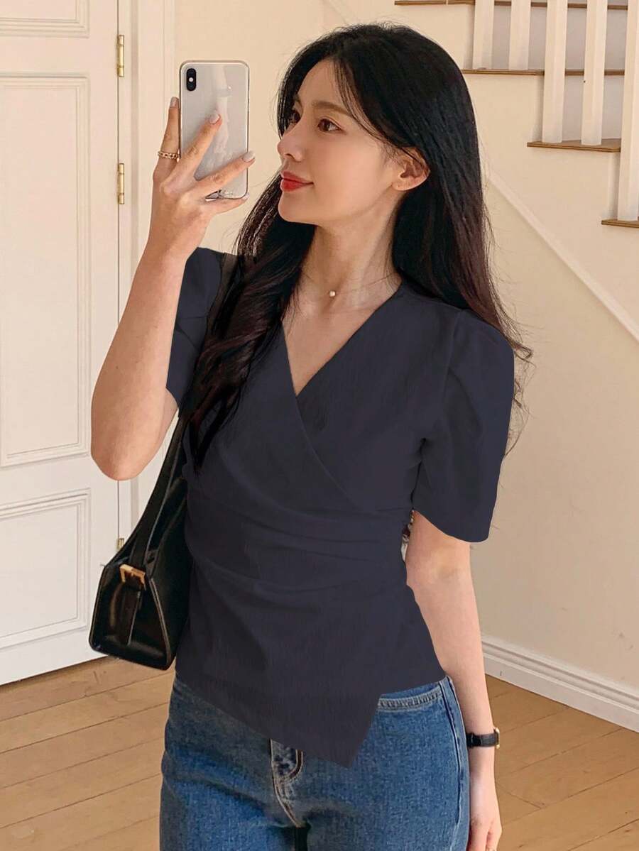 DAZY Áo cánh tay bồng cổ chữ V màu trơn bó eo cho nữ - Xám - Xem 1