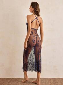 Charlaine Women's Floral Embroidery Sheer Mesh Sexy Lingerie Cami Dress & Thong Set - Navy Blue - View 3