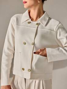 CLARA VERO Women Knit Cardigan Jacket With Gold Button And Polo Neck Elegant,Cardigans,Long Cardigans Woman,Petite,Tall - Beige - View 7