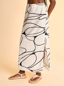 CAJUNI Falda informal de estilo boho y tropical con estampado de líneas abstractas para vacaciones - Multicolor - Ver 6