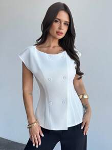 Firerie Women's Simple Solid Bat Wing Sleeve Double-Breasted Open Front Thin Blazer For Work & Commute - White - View 3