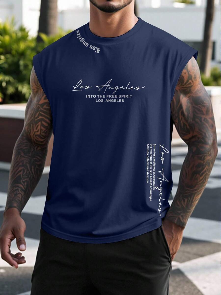 Manfinity LEGND 男士标语印花圆领休闲宽松宽肩上衣 - 藏蓝色 - 查看 1