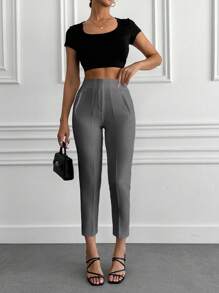EURMUSE Frenchy Solid Colored Pleated Tapered Pants - Grey - View 3