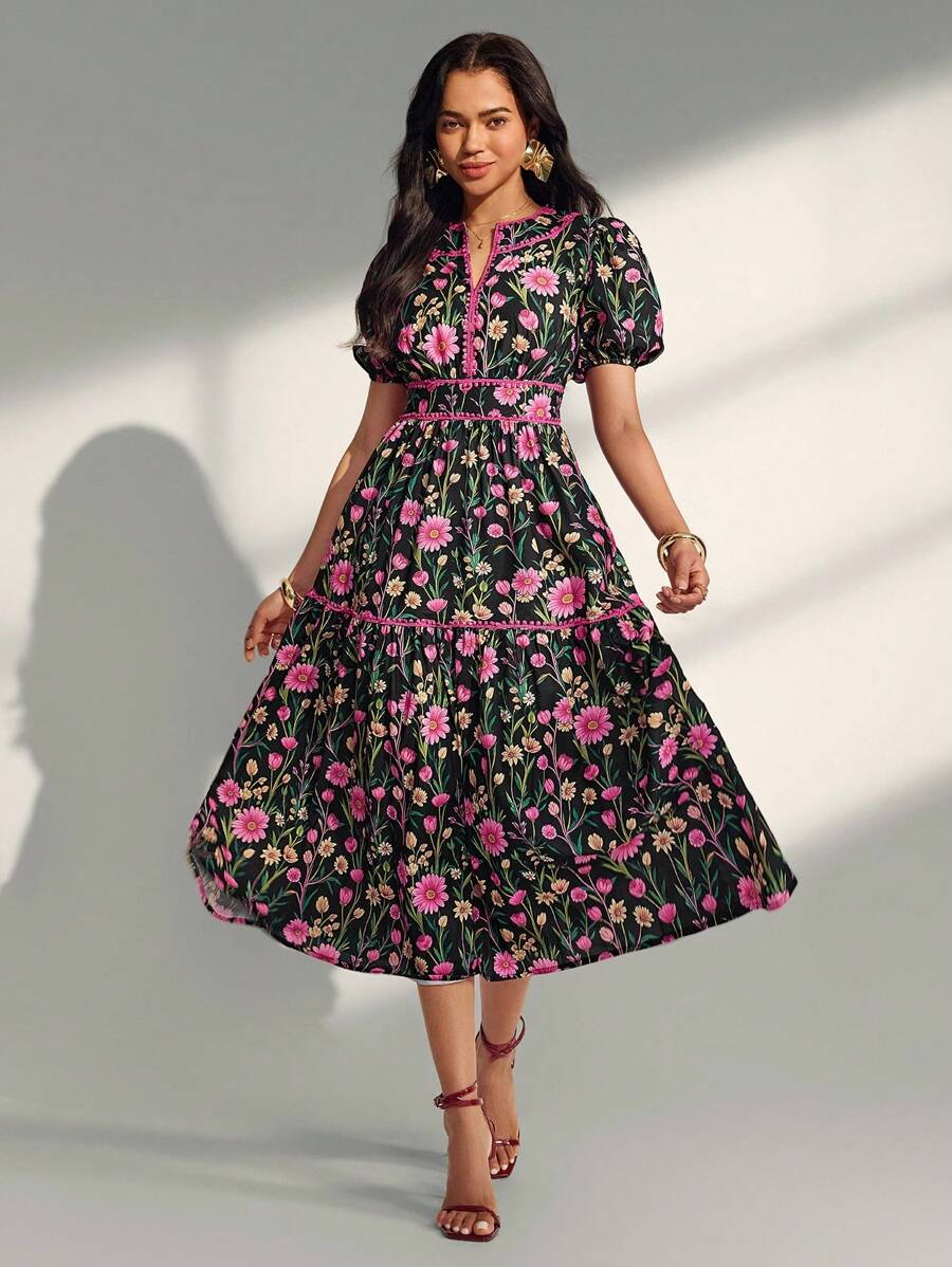 Almamuse Đầm dài in họa tiết thanh lịch cho nữ - màu đen - Xem 1