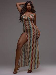 Musera Resort 钩针编织高领露背修身开衩环饰长款罩衫连衣裙，适合沙滩、泳装、性感波西米亚风节日、假日、夏季度假、可爱优雅的伊比沙条纹春季狂欢节 - 彩色 - 查看 2