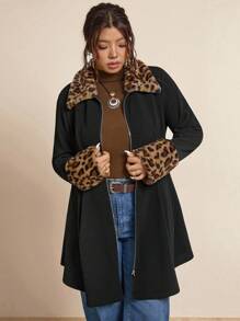 SHEIN LUNE Chaqueta de piel sintética con estampado de leopardo y parches en talla grande, abrigo con estampado de leopardo en talla grande, abrigo con estampado de guepardo en talla grande, abrigos en talla grande para mujer, abrigo de invierno en talla grande con estampado de leopardo, abrigo con estampado de leopardo para mujer en talla grande, abrigo de invierno con ribete de leopardo en negro, ropa de otoño e invierno, atuendos de oficina para mujer, ropa de fiesta de invierno, ropa de Halloween, ropa de Navidad, ropa de otoño