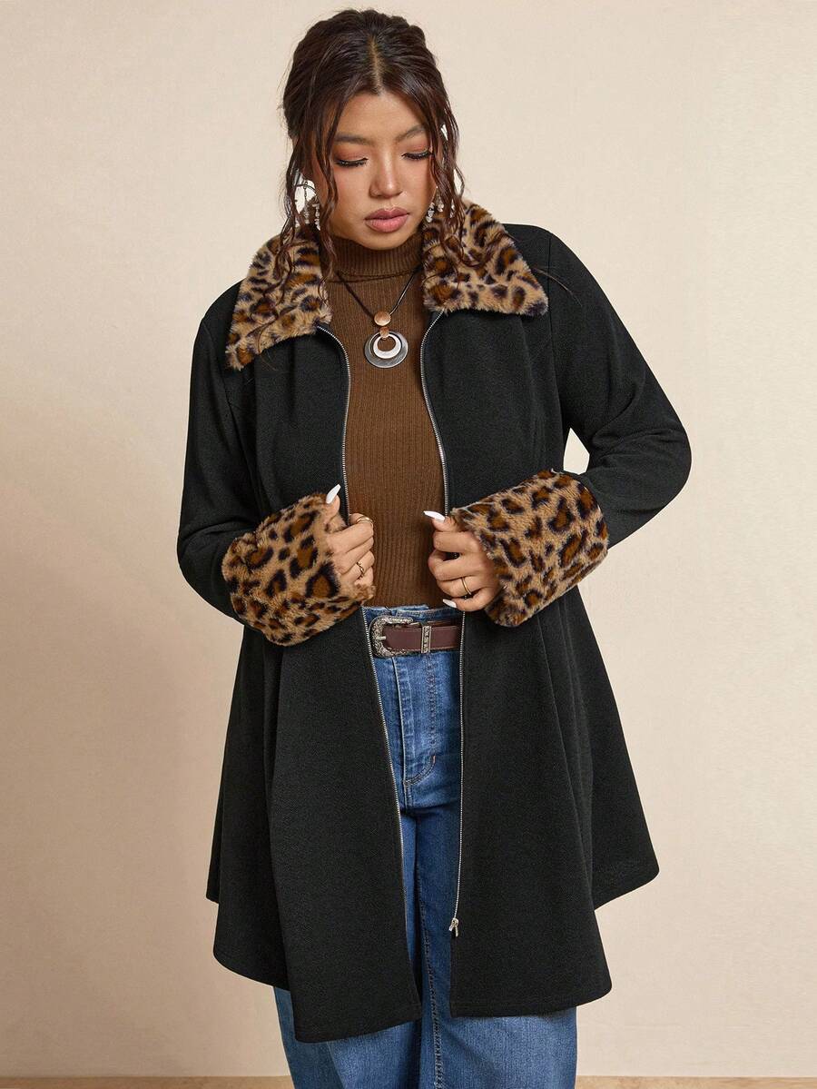 SHEIN LUNE Chaqueta de piel sintética con estampado de leopardo y parches en talla grande, abrigo con estampado de leopardo en talla grande, abrigo con estampado de guepardo en talla grande, abrigos en talla grande para mujer, abrigo de invierno en talla grande con estampado de leopardo, abrigo con estampado de leopardo para mujer en talla grande, abrigo de invierno con ribete de leopardo en negro, ropa de otoño e invierno, atuendos de oficina para mujer, ropa de fiesta de invierno, ropa de Halloween, ropa de Navidad, ropa de otoño
