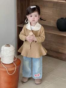 DAZY 女婴撞色翻领长袖单排扣荷叶边下摆可爱开衫 幼儿女童服装 - 卡其色 - 查看 8