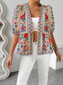 SHEIN LUNE Women's Full Print Tie Bow Puff Sleeve Short Sleeve Blouse