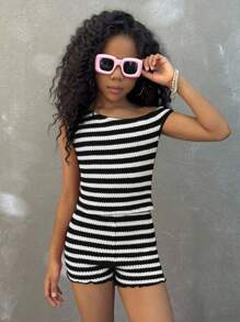 Coolane Kids Tween Girls Soleia 2 件套节日条纹针织不对称肩部修身上衣和超低腰紧身短裤，适合派对、圣诞节、情人节、约会、海滩、游轮、狂欢节、复活节 - 黑與白 - 查看 4