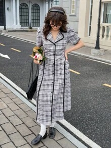 SHEIN 少女法式 A 字型喇叭长裙，夏季泡泡袖格子高腰复古风格 - 深灰色 - 查看 10