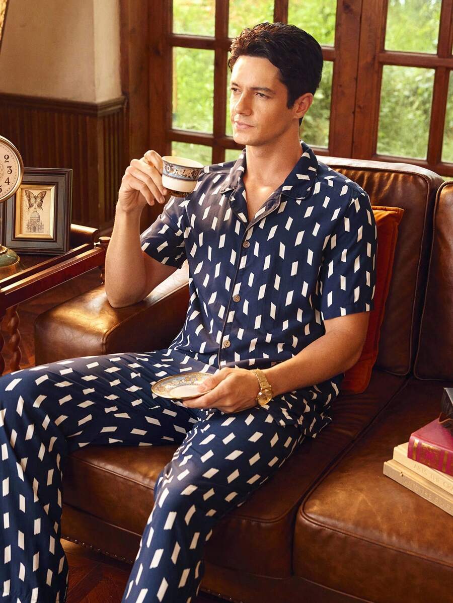 EverLounge Men Geometric Print Short Sleeve Home Wear Set - Multicolor - View 1