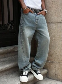 PAVTROS Jeans de pierna ancha y larga con lavado medio para hombres con detalles decorados para un estilo casual, jeans con rhinestones - Azul lavado medio - Ver 3