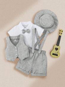 Souflis Souflis 4 件套男婴服装 - 短袖衬衫配领结和格子吊带短裤，优雅复古绅士风格，适合特殊场合