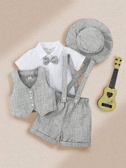 Souflis Souflis 4 件套男婴服装 - 短袖衬衫配领结和格子吊带短裤，优雅复古绅士风格，适合特殊场合