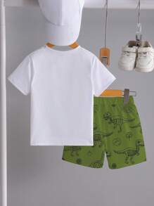 SHEIN Playful Pals 2pcs Young Boys Casual Adorable Cartoon Set, T-Shirt With Surfing Dinosaur & "LET'S ROAR" Print, Shorts Covered In Dinosaur Sketches, Short Sleeve T-Shirt And Shorts Set Suitable For Daily Play, Spring/Summer Casual Outfit - Multicolor - View 2