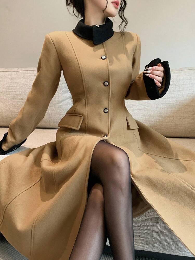 Women's Elegant Long Overcoat, Colorblock Lapel With Waist Cinched Design, Winter Warm Outerwear