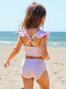 SHEIN 2件套女童条纹蝴蝶结荷叶边泳衣上衣和短裤套装 - 粉色 - 查看 3