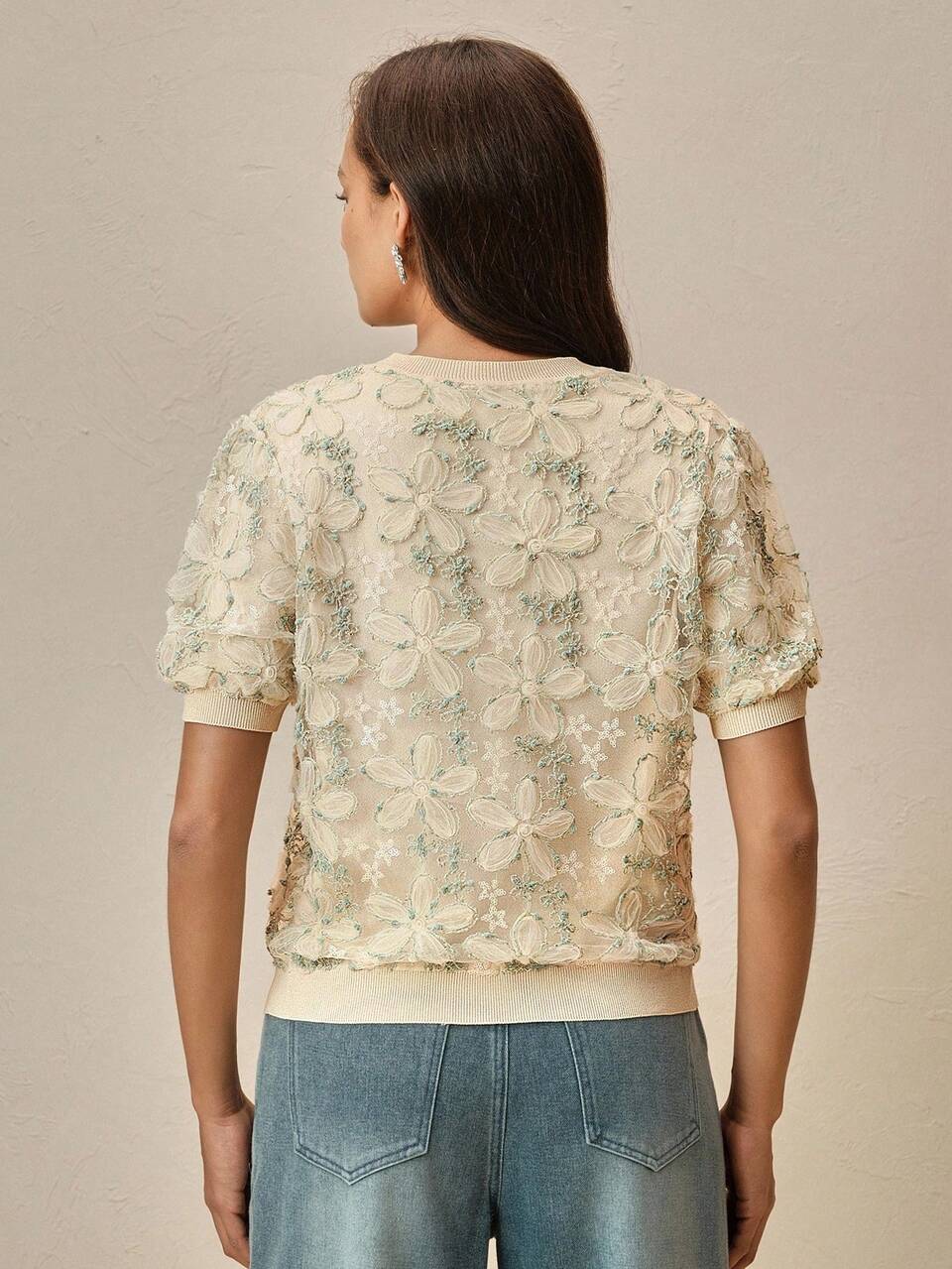 Elegant Retro Chiffon Overlay Green Short Sleeve Slimming T-Shirt