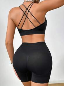 SHEIN 2 peças/Conjunto Sutiã Esportivo Casual Feminino Sem Fio Confortável com Enchimento Removível e Alças Cruzadas nas Costas, e Calcinha Tipo Cintura Alta - Preto - Visão 1