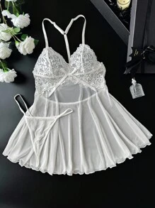 2pcs/Set Sexy Lace Mesh Wine Red Backless A-Line Dress Bridallingerie