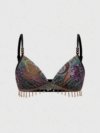 Plus Size Women Retro Hippie Western Wooden Bead Tassel Hem Paisley Print Camisole Tank Top, Can Be Paired With Skirts Or Pants