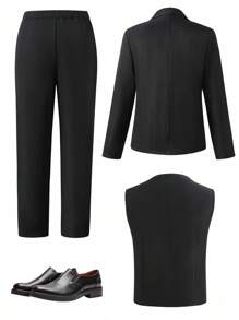 3pcs Teen Boy Gentleman Suit Set: Sophisticated Black Blazer Jacket + Slim Fit Double-Breasted Vest + Elegant Trousers. High-End Formal Suit Set Suitable For Birthday Party, Gala, Performance, Hosting, Wedding Season, Graduation Fall Winter - Black - View 2
