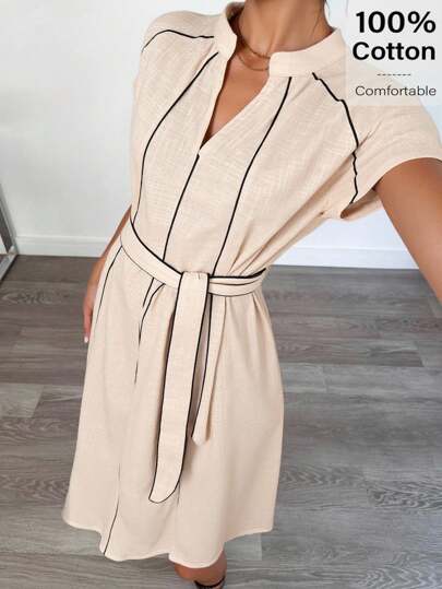 Siren Gaze Teacher Outfits For Women - Airport Outfit For Women - 2025 New Arrival Women's Linen V-Neck Bat Sleeve Knotted Waist Casual Mid-Length Dress In Old Money Style, Perfect For Fall & Summer, Made Of Comfortable Cotton, Suitable For Work, Daily, Commuting & Outings Brown Casual