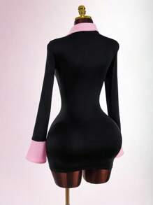 Amplova 女式撞色条纹拼布修身迷你连衣裙 - 黑色 - 查看 10