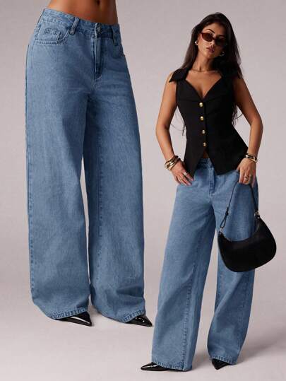 SHEIN Forever 21 Spring & Summer Women Romantic/Prom/Formal/Birthday/90s /Business Casual/Elegant/Western Wear/Going Out/Fashion/Casual/Y2k/Club/Office /Cocktail/Vintage/Rave/Funny/Classy/Old Money/Streetwear/Vacation/Country Concert/Work/Modest/Spring Break/Bachelorette/Concert/Baddie/Basic/Graduation/Blue Washed Low Rise Baggy Straight Leg Cowgirl Jeans