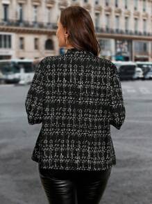 SHEIN Clasi 大尺碼女款全印花 3/4 袖針織外套，適合日常穿著，教師商務休閒風，夏季教師節辦公室黑色 - 黑與白 - 查看 2