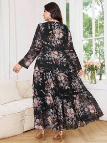 Al Najma Plus Size Women  Arab Style Floral Print Patchwork Elegant Casual Dress - Black - View 2