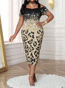 SHEIN Lady 加大码女式露肩短袖修身优雅连衣裙 邮轮装 女士正式连衣裙 女士连衣裙 优雅优雅女士连衣裙 豹纹印花 女士高档服装 动物印花外出连衣裙 端庄连衣裙 - 彩色 - 查看 5