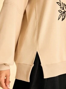 CAJUNI 女士度假休闲趣味鸟类植物印花卫衣，开衩下摆泡泡袖，秋冬款 - 彩色 - 查看 3