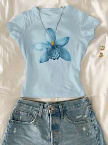 SHEIN 3 件套女童短款上衣，花卉印花百合和芙蓉图案 - 淺藍色 - 查看 4