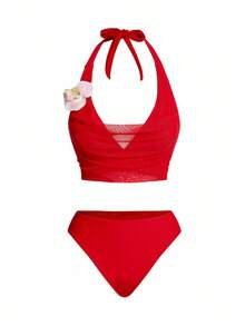 Swim Oasis Bộ bikini hở lưng họa tiết hoa 3D đi biển dành cho nữ kèm áo choàng và váy, mùa hè - Đỏ - Xem 8