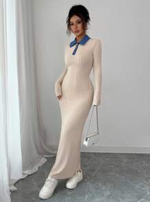 SHEIN Unity Long-Sleeved, Slimming Autumn/Winter Long Dress With Contrasting Color Stripes And Collars Fall Cloth For Women - Apricot - View 5