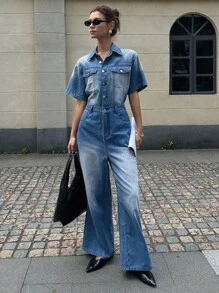 DAZY Bộ đồ liền thân denim đơn hàng ngày tay ngắn cho nữ Bộ đồ liền thân denim Bộ đồ liền thân jean Bộ đồ denim cho nữ Bộ đồ liền thân denim cho nữ - Màu xanh lam - Xem 4