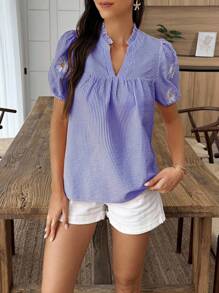 Breezaya Vacation Casual Striped Floral Embroidery Notched Neck Shirt - Blue and White - View 3
