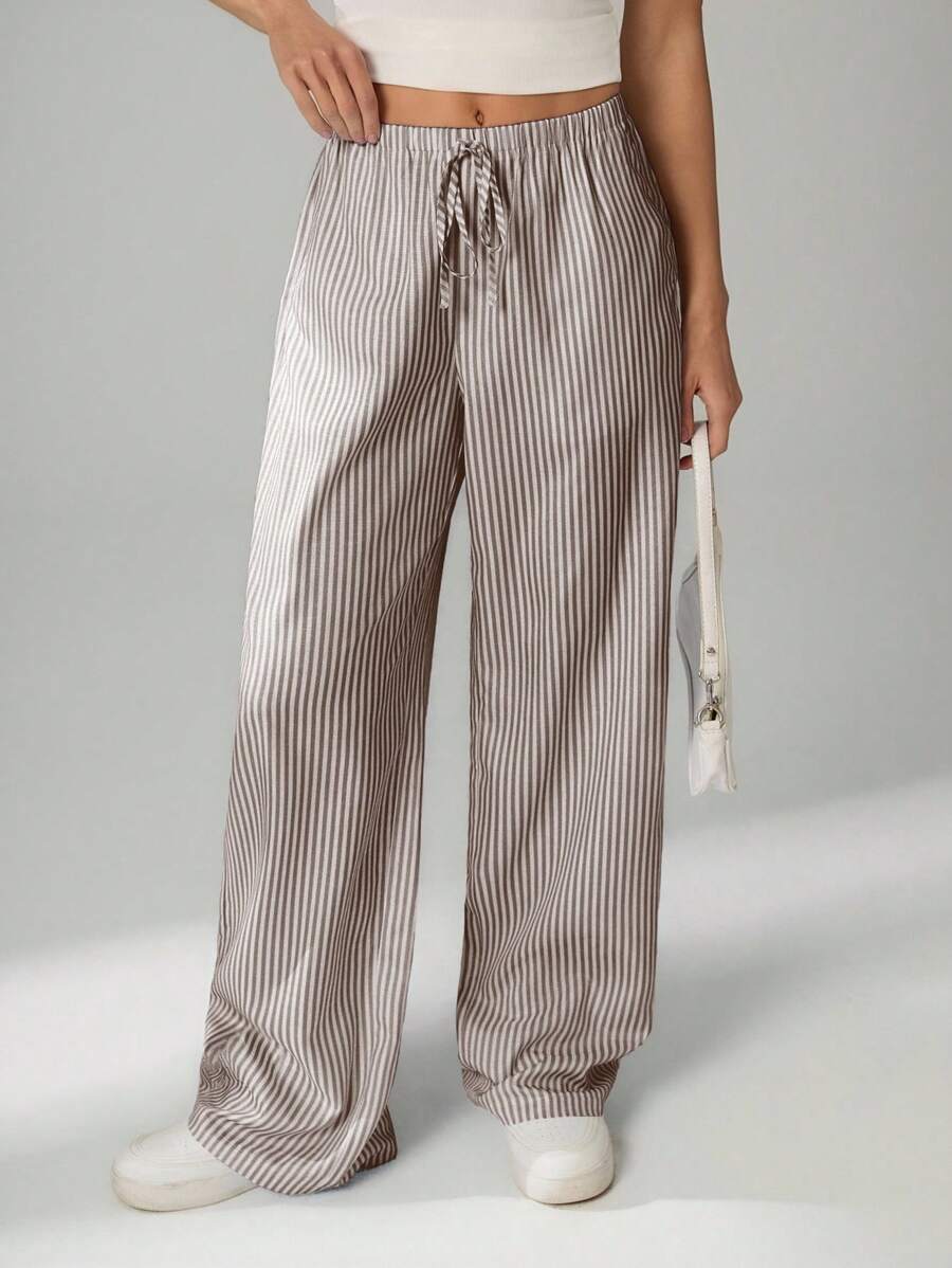 SHEIN Tall Damen gestreifte bedruckte Knoten Taschen Lässig vielseitige lange Hose